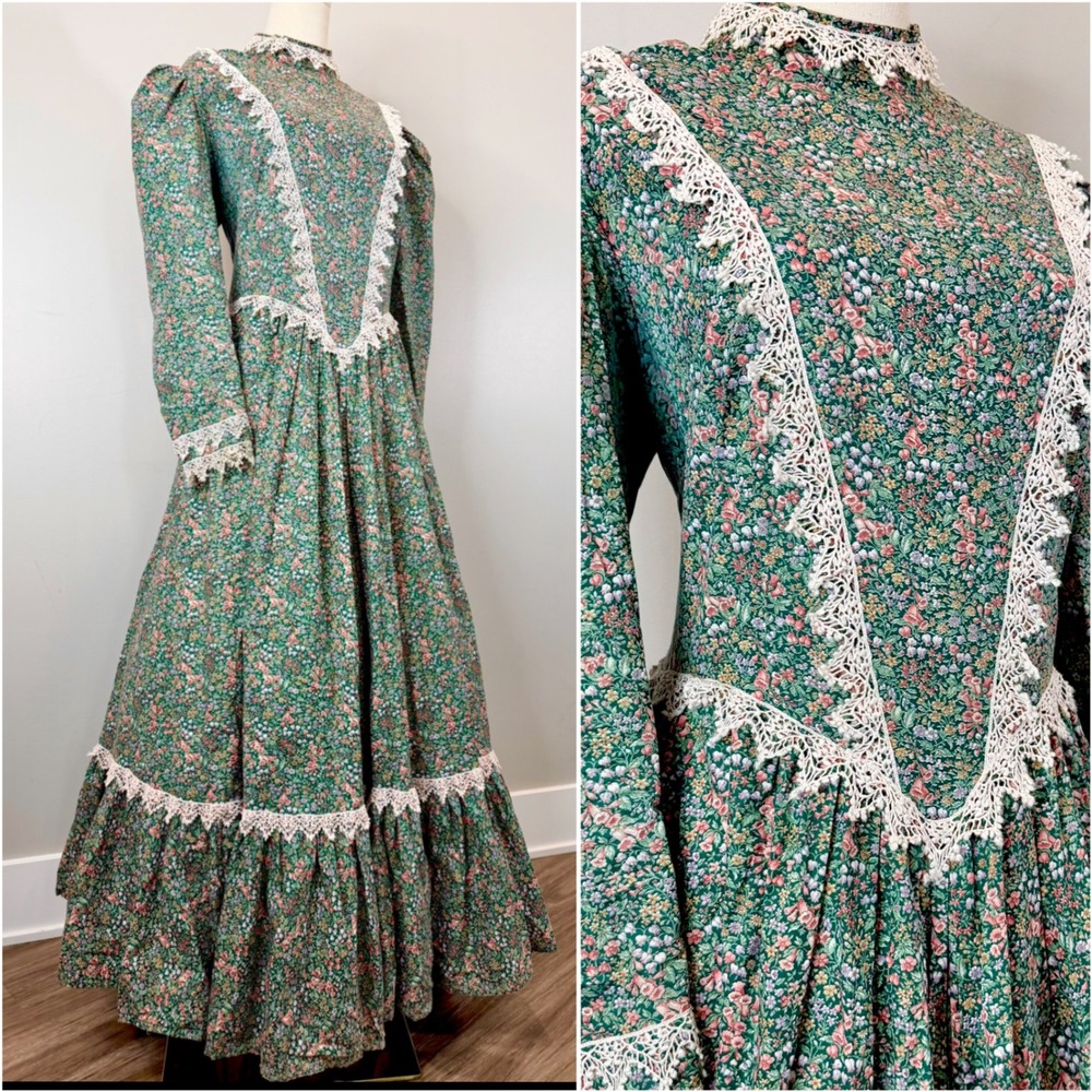 Vintage 1970s Prairie Dress Green Victorian Edwardian Antique Style 70s Fit L XL